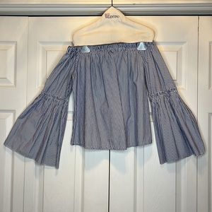 Off shoulder blue and white striped open back top women’s size L 100% cotton